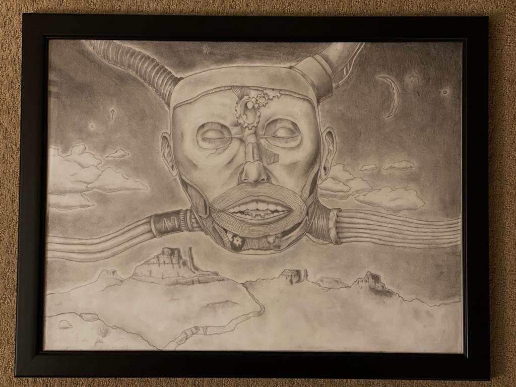 Pencil drawing of Android face over cloudy desert night with slim crescent moon