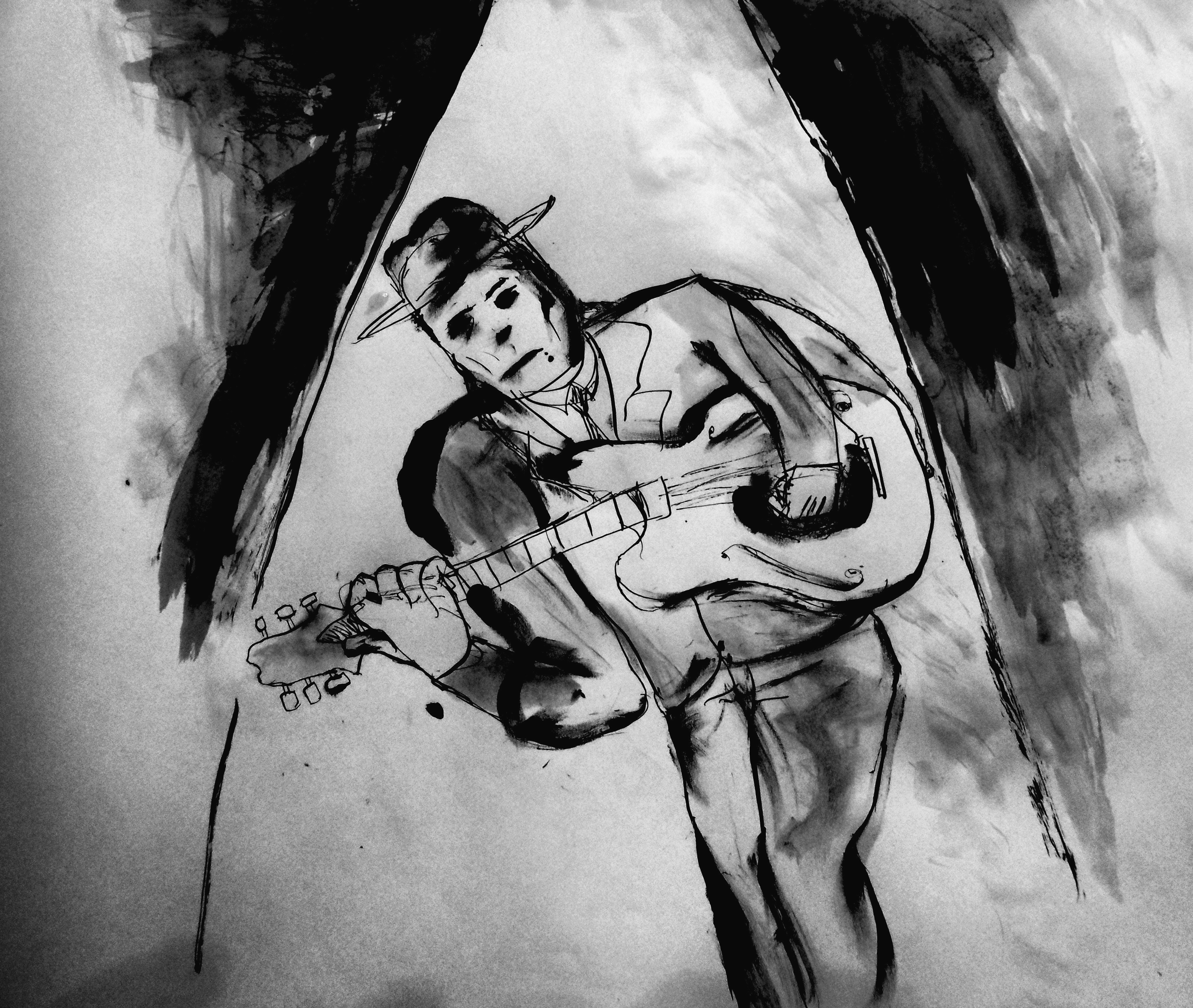 Stylized black ink portrait of suited man under spotlight playing hollow-body guitar